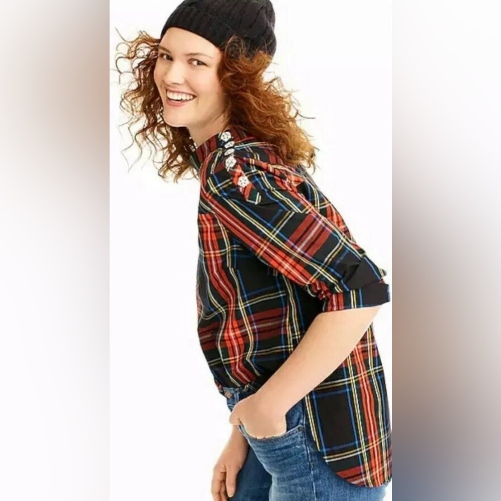 J. Crew Funnelneck Shirt in Stewart Tartan with Jeweled Buttons Women’s Size 6